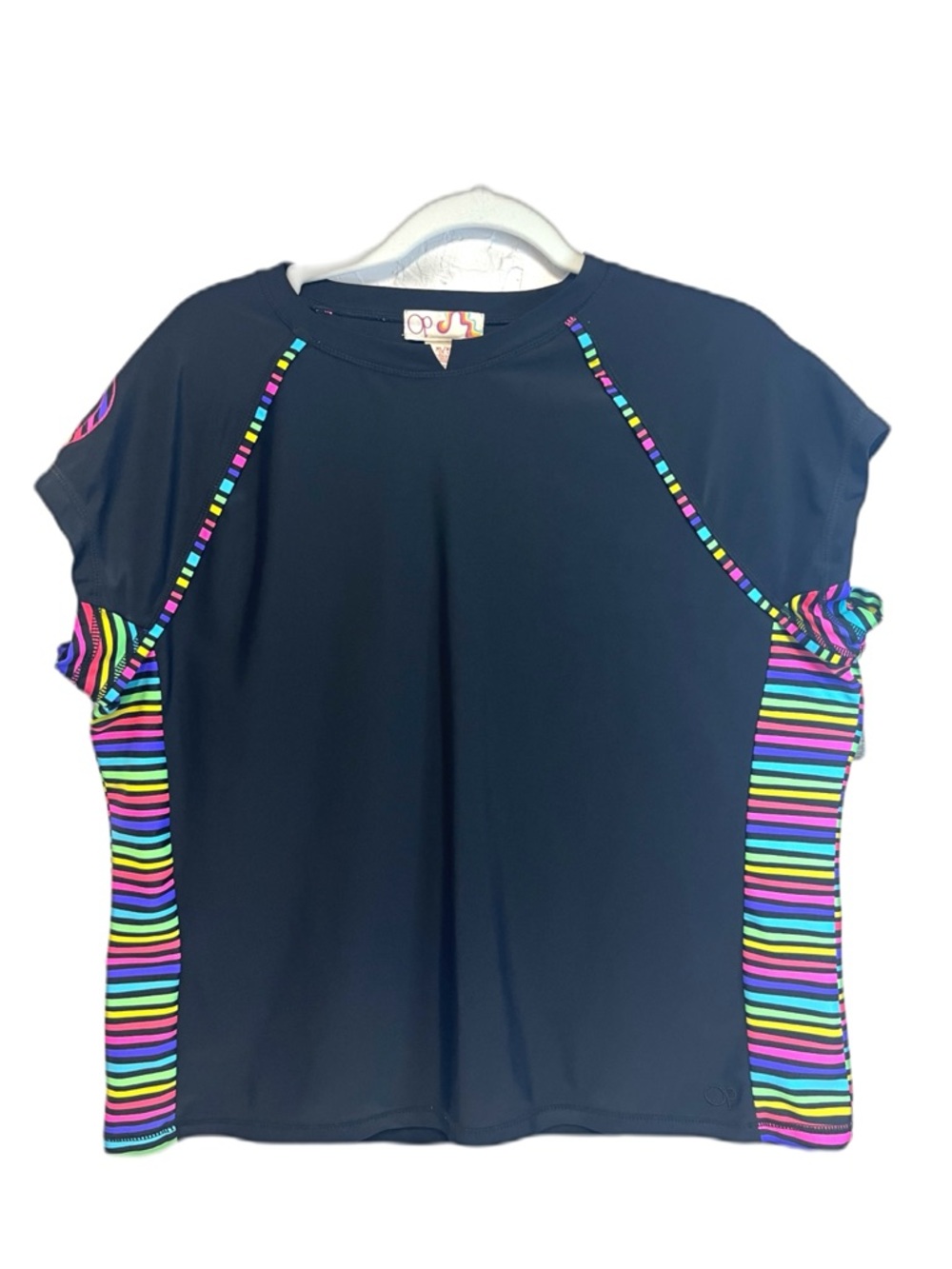 OP Black Short-Sleeve Rash Guard with Neon Rainbow Stripes